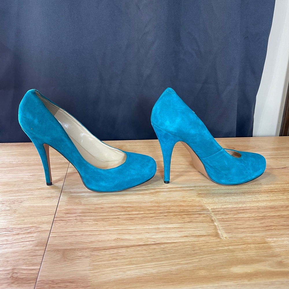 Talbots Teal Blue Suede Pumps Round Toe Stiletto Heels Made in Brazil 10W - Picture 4 of 9